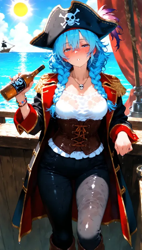 pirate ship, Pirate ship deck, sun, luz sunar, 1girl, \( Hair between eyes ,  wavy blue hair , messy hair, boots,  Tricorn hat, pirate jacket, ,  Medium Breasts, CORSET, bandolera, without fire,  loose white shirt ,  loose fitting black pants, bracelets,  ...