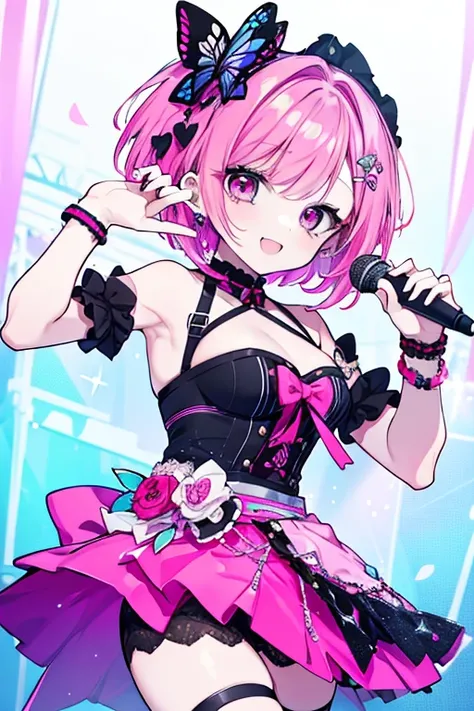 a beautiful girl with vibrant pink hair, short hair, dazzling smile, idol, mini skirt, holding a microphone, cute dance moves, piercings, alluring, adorable idol outfit, rainbow-colored butterflies