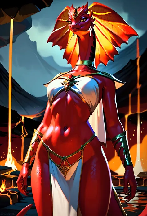 score_9,score_8_up, score_7_up,score_6_up, score_5_up, realistic, detailed background, atmospheric lighting, zorl-stissa, 1girl, solo, Lizard, scale, crest, red skin, tail, yellow lizard eyes, mage deity outfit, mage, mage headress, mage veil, revealing cl...