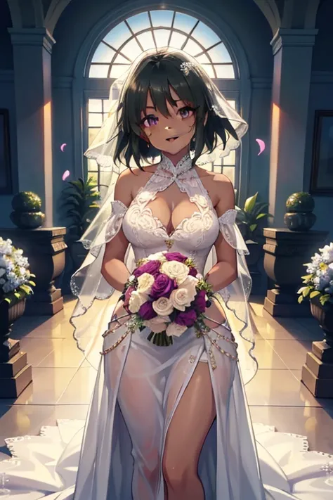  Masterpiece, top quality,  Super Detail,One woman ,   nice smile, Parted lips, Glowing Lips, nose , ,  Viewers ,  watches viewers,  head tilt, Alone,   white wedding dress,   glamorous dress,  frill, Veil,  Grab a bouquet ,  in the garden,  standing,  sex...