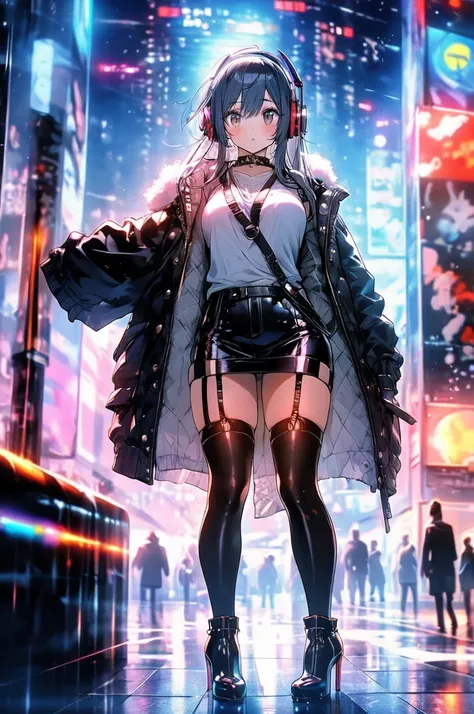 (  cyberpunk) Black and white long hair , bangs,   headphones  ,  ( cyberpunkな黒のフードジャケット, black garter belt、 stockings、 high heel boots )Hold up a cool plasma gun sword,  A cyber ninja girl with a cool cool model、  watching viewers ,  photorealistic, (背景はカ...