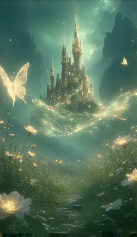 Magical dreamland, Magic Castle,  fantasy、A sparkling light dances、Light-filled、 beautiful、Butterfly flies、Flower Field、Mysterious、Glowing Flower