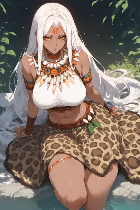 Woman, dark skin,white hair, topknot, long hair,Mole near the mouth, Leopard skirt,leopard skin as clothing,tribal style, anime style, orange eyes ,hime hair