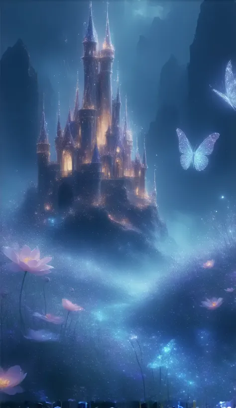 Magical dreamland, Magic Castle,  fantasy、A sparkling light dances、Light-filled、 beautiful、Butterfly flies、Flower Field、Mysterious、Glowing Flower