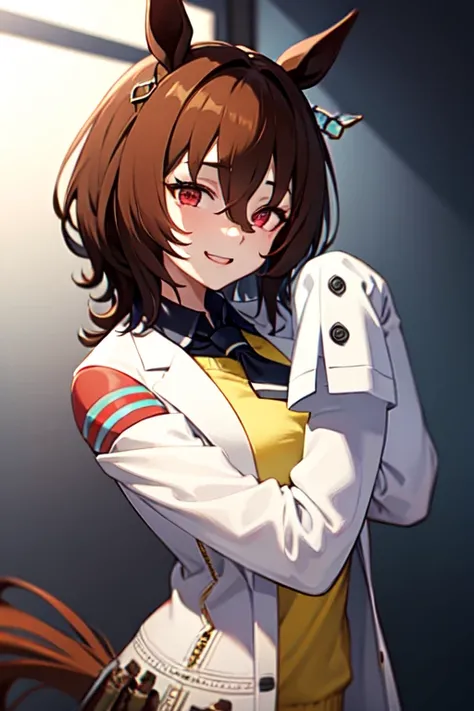  Agnes Tachyon 、Horse Girl、One person、 girl、Horse ears、Horse tail、 earring on one side 、Red eyes、 lines in eyes 、 shorthair、 brown hair 、Jacket、（White coat:1.2)、(bigger sleeve than wrist :1.1)、 yellow big sweater、 ties、 black pantyhose 、Stray hair、best qua...