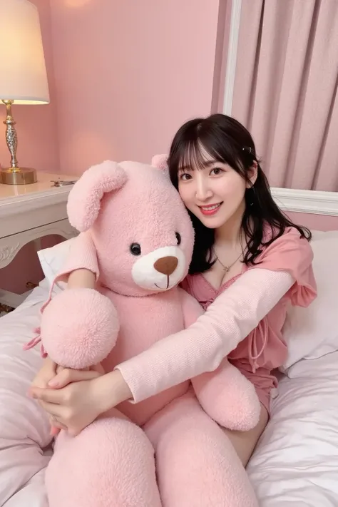   sitting on a shiny pink bed with an elegant headboard Realistic image of a beautiful sweet smiling Asian woman hugging a teddy bear,  white skin , long, wavy, dark hair ,  wearing a shiny royal pink terno pajama suit ,. she says 、 text name with correctl...