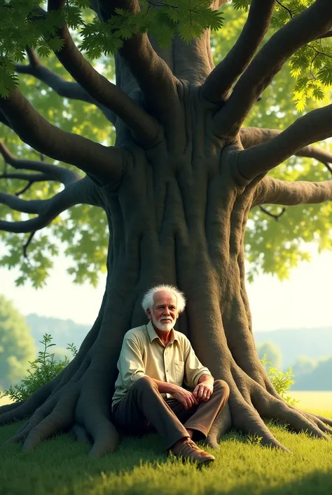 Picture of old man sitting under a big tree smiling 