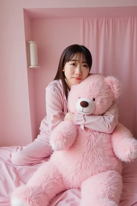   sitting on a shiny pink bed with an elegant headboard Realistic image of a beautiful sweet smiling Asian woman hugging a teddy bear,  white skin , long, wavy, dark hair ,  wearing a shiny royal pink terno pajama suit ,. she says 、 text name with correctl...