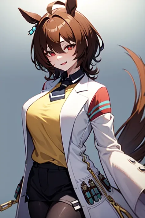  masterpiece,best quality,Agnes Tachyon 、Horse Girl、One person、 girl、Horse ears、Horse tail、 earring on one side 、Red eyes、 lines in eyes 、 shorthair、 brown hair 、Jacket、（White coat:1.2)、(bigger sleeve than wrist :1.1)、 yellow big sweater、 ties、 black panty...