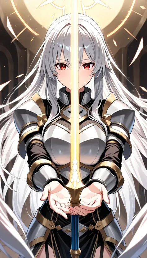 (masterpiece, best quality:1.2), 1woman, solo, \Character "Atlas"\, Holy Knight, with the Holy Spear in hand, staring at you, so happy, and bless you,