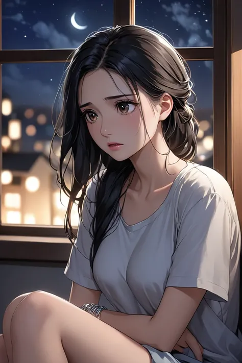 (masterpiece, best quality, 8k, high definition), whole body, 1 adult woman, black hair loosely tied back, Mid-chest, soft hazel eyes, soft lips, beautiful face, natural light, detailed background, Detailed Illustration Art, wearing casual clothes, sitting...