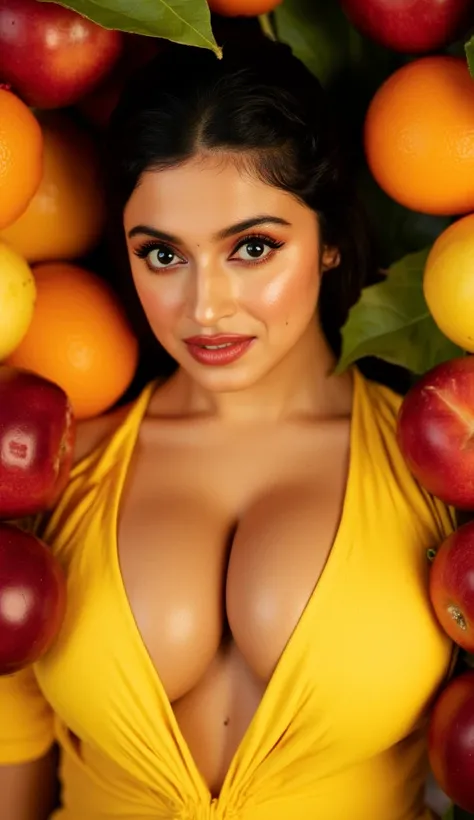 a close up of a woman in a yellow top surrounded by fruit, indian goddess, indian super model, traditional beauty, beautiful yellow woman, large breasts size, very beautiful woman, with large breasts, sexy girl, indian, gorgeous woman, stunning woman, clea...