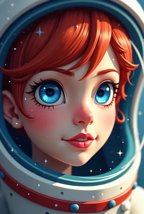 Primer plano de una obra maestra mejorada:1.5)0.9], ( Space and Astronauts:1.2) ( red hair face) (heterochromia:  xanthochromia and blue eyes :1.2) (Space helmet:1.0) ( Colored stars in the eyes:1.0) ( A radiant glow:1.1) ( thick lips:0.9)  big bust, sexy ...