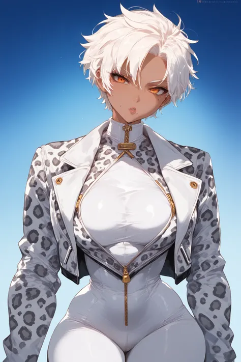 Woman, dark skin,white hair, topknot, Short hair,Mole near the mouth, white leopard print suit, anime style, orange eyes 