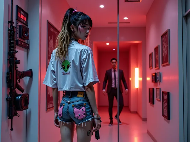 " An 18-year-old Korean woman, with an extremely small and fragile body,  delicate facial features ,  narrow shoulders, Small bust,  thin waist narrower than her hips ,  thin legs with an evident opening between the thighs and a flat belly .  Her hair is d...