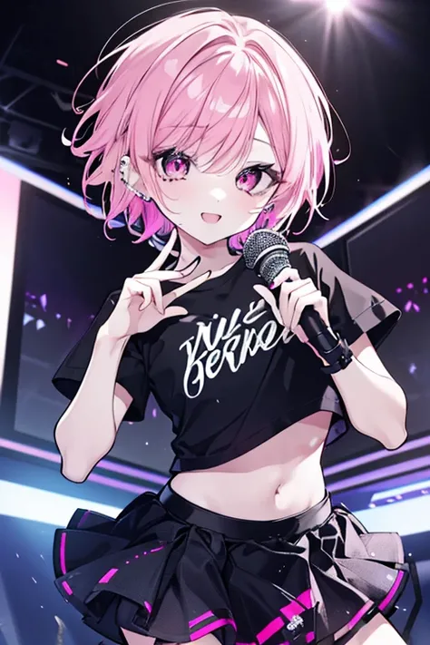 1girl, beautiful pink short hair, bright smile, idol, mini skirt, midriff, holding microphone, cute choreography, piercings, alluring, long eyes, overwhelming vocal ability, cool, high quality, soft chest, androgynous beauty, black t-shirt, iridescent butt...