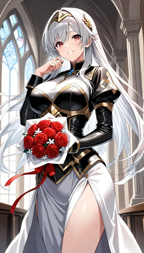 (masterpiece, best quality:1.2), 1woman, solo, \Character "Atlas"\, Holy Knight, with the bouquet in hand, dedicated to you, so happy, and bless you,