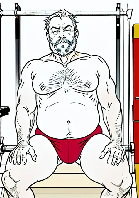  Only fat man ,plump,  plump Thick thighs , pot-bellied ,  bearded age 65 , (( wearing a white and red Speedo )),  He doesn't wear a shirt ,  very sweaty. With a cell phone in the right hand. Fitness gym environment . Full image .he is in a weight training...