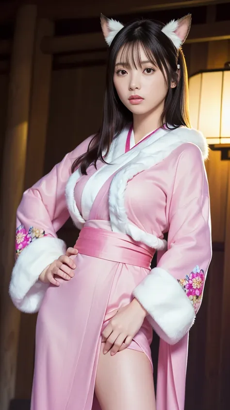  top quality, Masterpiece, Ultra High Resolution, High Definition RAW Color Photos , pro pics, natural skin texture, fine skin, hyperrealism, Ultra-Fine,16k,(gigantic breasts),Japan,(((煌びやかなJapanの着物,floral long sleeve kimono,right color花柄振袖,white fur shawl...