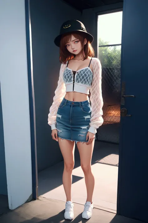 pretty woman, standing posed, in front of door, metal gate door, evening light, BREAK, (forehead, dark-brown hair,  black bucket hat), BREAK, ( (white fishnet mesh cardigan, long sleeves cardigan, open cardigan), (undershirt: black and white striped round ...