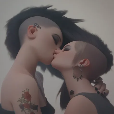 ( score_9,  score_8_ up the side,  score_7_ up the side,  score_6_ up the side,  score_5_ up the side,  score_4_ up the side,  top quality,  Fine section,  Masterpiece), 2girls, Passionate kiss, punk, Goth,   simple background,