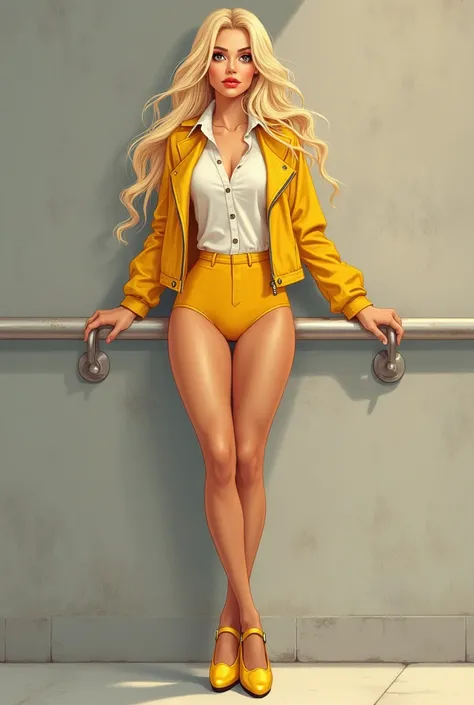 The illustration is a high definition illustration with 4k resolution, with highly detailed facial features and cartoon style visuals, beautiful woman, concrete wall background, yellow leotard, white button shirt under her yellow jacket, yellow Mary Jane t...