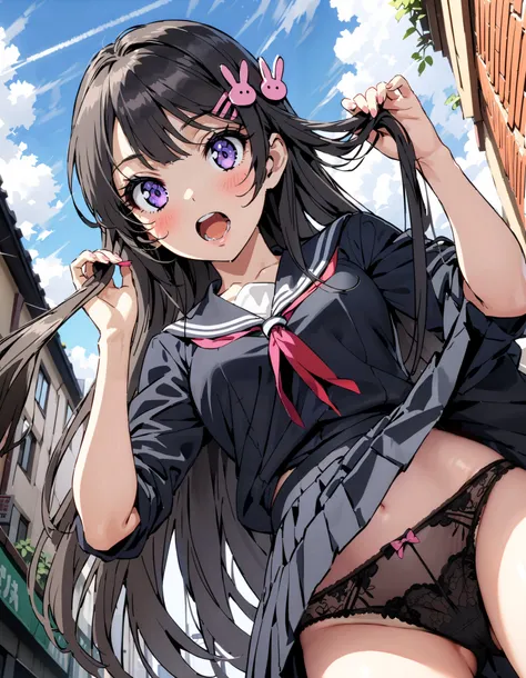 household, Mai Sakurajima ,  long hair, bangs,   black hair,   hair ornament,   Purple Eyes,  hair clip, rabbit   hair ornament,blush, is astonished, open your mouth,Black sailor suit, Long Sleeve, black mini pleated skirt ,Black socks, (  Black Panties  :...