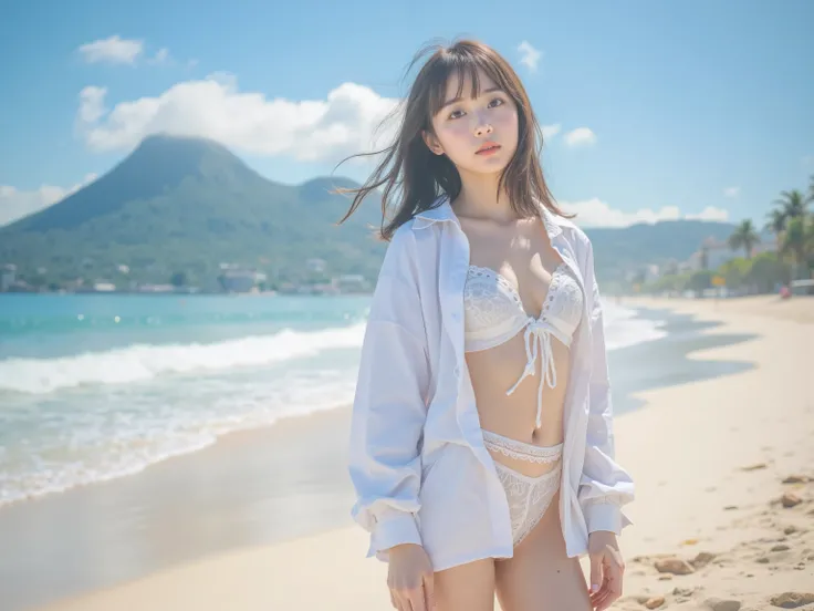An attractive young East Asian girl in their mid-20s, looking invitingly at the camera in an alluring white-laced g-string, wearing a white unbuttoned high-school shirt that reveals her neck and hint of cleavage, moderate breasts, no makeup, on a sunshine ...