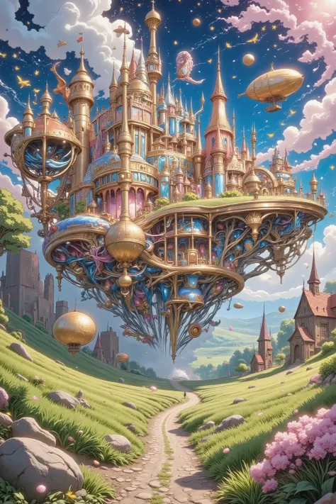  A vibrant steampunk world featuring mechanical farms, Machines powered by intricate gears and steam engines .  and ,  A floating city made of brass and copper structures ,  Surrounded by lush fields and rolling hills .  The sky is filled with airships and...