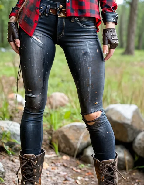 A sexy slim woman, wearing (a pair of highly dusted and dirty, washed-out skintight dark black jeans:1.2), (very long checkered shirt:1.3), hiking boots, gloves. (standing up). Front view, Perfect body, (perky tits), (spreading dirty dry legs:1.2), (close-...