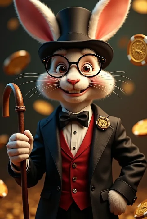 Disney rabbit grandpa, Using a hat and cane, Smiling with prescription glasses, Wearing a black and red suit and filled with casino chips using gold