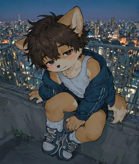 source_ furry， furry male，elementary school students，((boy  )),Dog boy  ,short hair,masterpiece, newest,absurdres, incredibly absurdres,short hair,  messy hair, blush, light smile, head tilt，White Socks， sneakers, upper body,  tank top, sitting on the ledg...