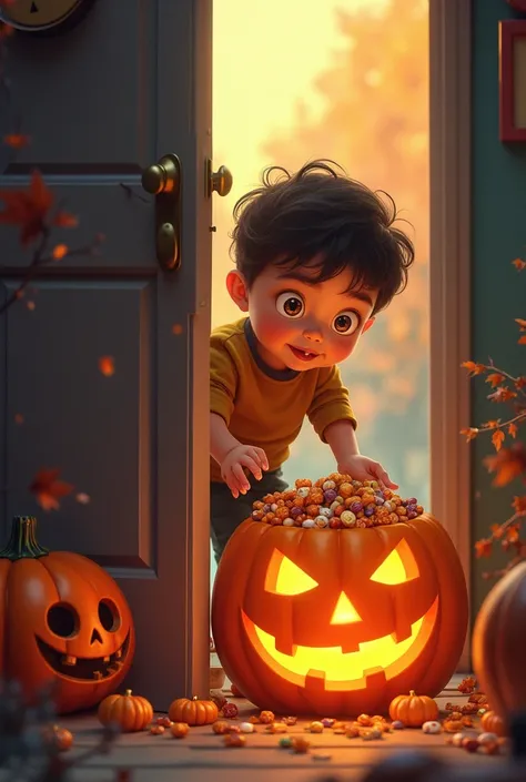 A boy opens the door and grabs the pumpkin with the candy