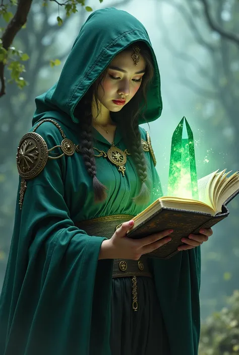 make an image that shows a beautiful witch or sorceress holding a glowing crystal and spell book, make her asian, and her outfit should be mysterious with a hood and she should be wearing boots

