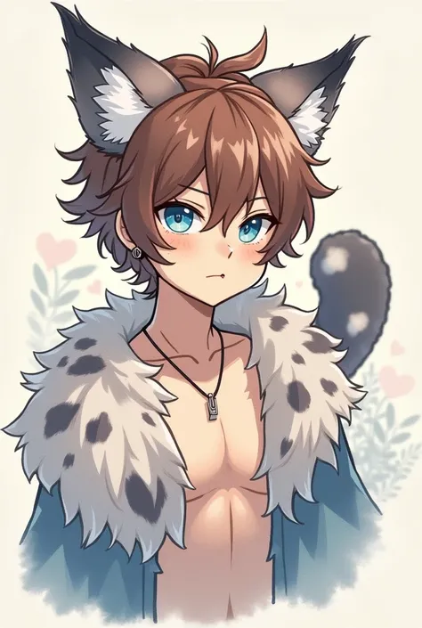 A 21 year old male with brown hair and blazing blue eyes. Has large snow leopard ears, paws and a very fluffy tail. is a demi-human. HE/HIM. wearing something slightly suggestive and feminine. water color style. Has soft features. Larger eyes. Looks seduct...