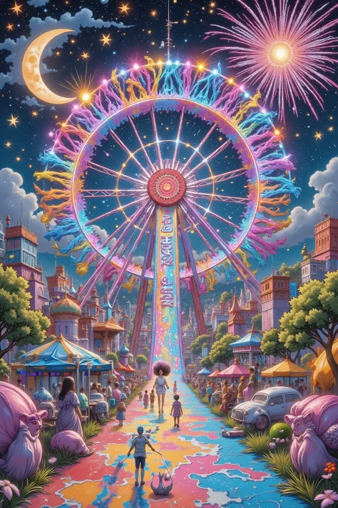  Masterpiece,  top quality, 8k,  high resolution,  Super Detail,  high resolution, 超 high resolution, Extremely precise description, Chalk art style,  dreamy ナイトカーニバル,Ferris wheel in starry sky, Glowing neon chalk outline,  colorful fireworks on the backgr...