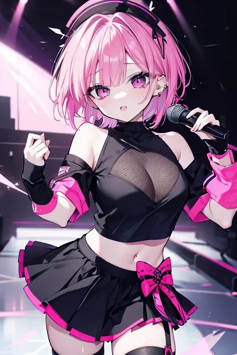 beautiful pink-haired girl, short hair, intense gaze, idol, miniskirt, midriff exposed, holding microphone, cute dance moves, piercings, alluring, elongated eyes, powerful vocals, cool, high quality, soft bust, off-shoulder, black t-shirt, sexy outfit, rai...