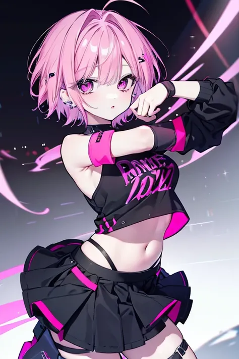 beautiful pink-haired girl, short hair, intense gaze, idol, miniskirt, midriff exposed, holding microphone, cute dance moves, piercings, alluring, elongated eyes, powerful vocals, cool, high quality, soft bust, off-shoulder, black t-shirt, sexy outfit, rai...