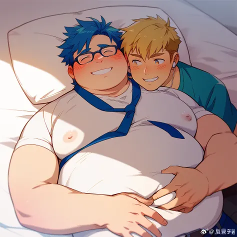  Detailed Description ,2 people,  Yaoi couple ,(male ), (long blue hair 1 ),(   1 long yellow head ),  cute,  earphones , obese, heavy belly fat,Hearty flank fat,voluptuous breasts,nudity,Collar tie,smallpenis, (Chubby),(  belly hanging big on waistband), ...