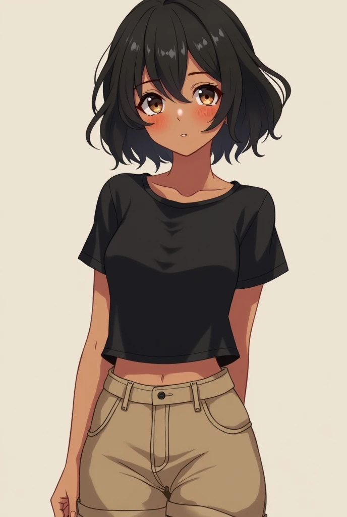 I want the style of the anime image. I want an adult woman with brown skin and slightly rounded eyes and the color is dark brown,  she has short black hair but her hair is wavy. She wears a short black shirt and a beige skirt; the skirt is jeans.