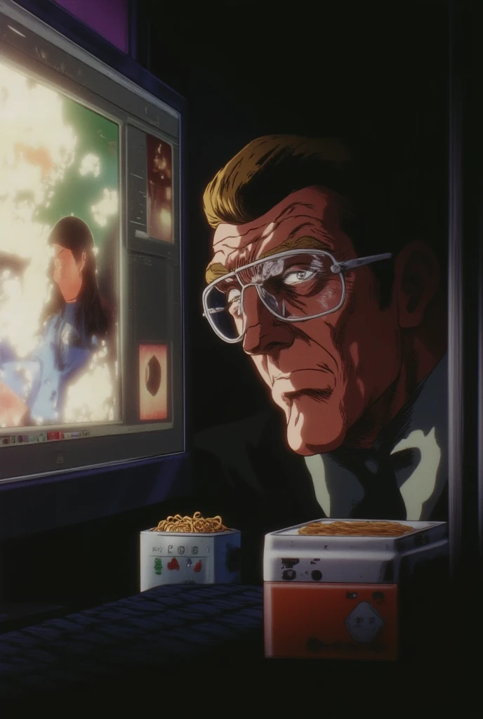 A man sits in front of a computer, wearing glasses that have turned white while looking at a picture of a woman. A pack of instant noodles sits beside him.