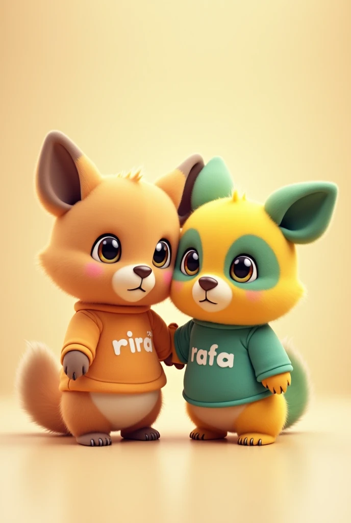 Labubu, a cute furry doll-like character, wearing tshirt colored text "Fira"7 AND Rafa, a cute green and yellow furry doll-like character, wearing tshirt colored text "Hanum", 
