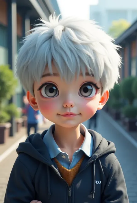 Chinese student, At school!!!  of white hair/GRAY with realistic gray eyes