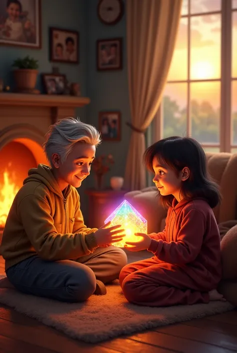 "A warm, welcoming living room with a cozy fireplace. Two ren, holding a glowing rainbow-colored gem, are sitting on a plush sofa in front of their grandfather, who is smiling proudly. The room is filled with soft, warm light from the fireplace, and the wa...