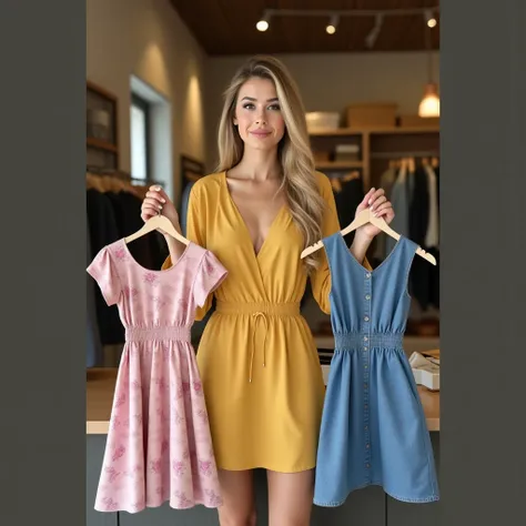  Hyperrealistic photograph of a 25-year-old Mexican model with Spanish descent from Instagram,  is shown in a modern clothing store with the latest trends ,  the space is elegant and cozy ,  she is on the counter she is wearing two realistic dresses in her...