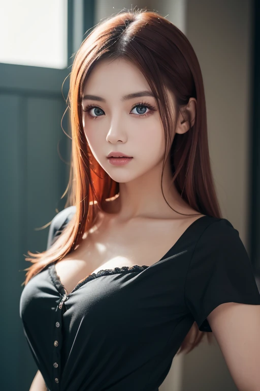 girl with long red hair, heterochromic eye , blue-white skin, flat chest, is wearing a black dress and a crisp pink blouse, A girl of, something that matches a mysterious and strong personality. whole, her look will catch the eye , attract curiosity and an...