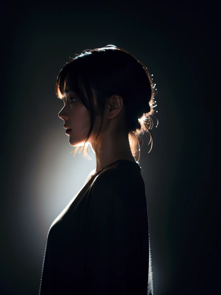 One person girl, Deep dark background,  backlight, Side View