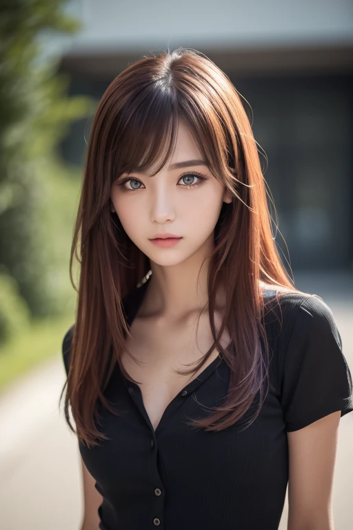 girl with long red hair, heterochromic eye , blue-white skin, flat chest, is wearing a black dress and a crisp pink blouse, A girl of, something that matches a mysterious and strong personality. whole, her look will catch the eye , attract curiosity and an...