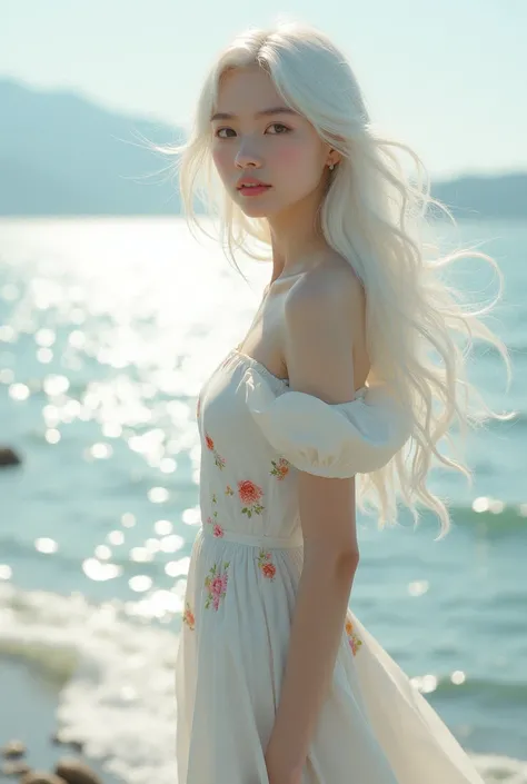 a girl with long white hair, wearing white dress with small flower patterns, sea behind her back