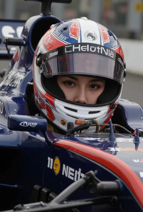 1girl, female racer, ((W-series)), driving F1 vehicles, F1ヘルメットを被っている, closeup helmet girl